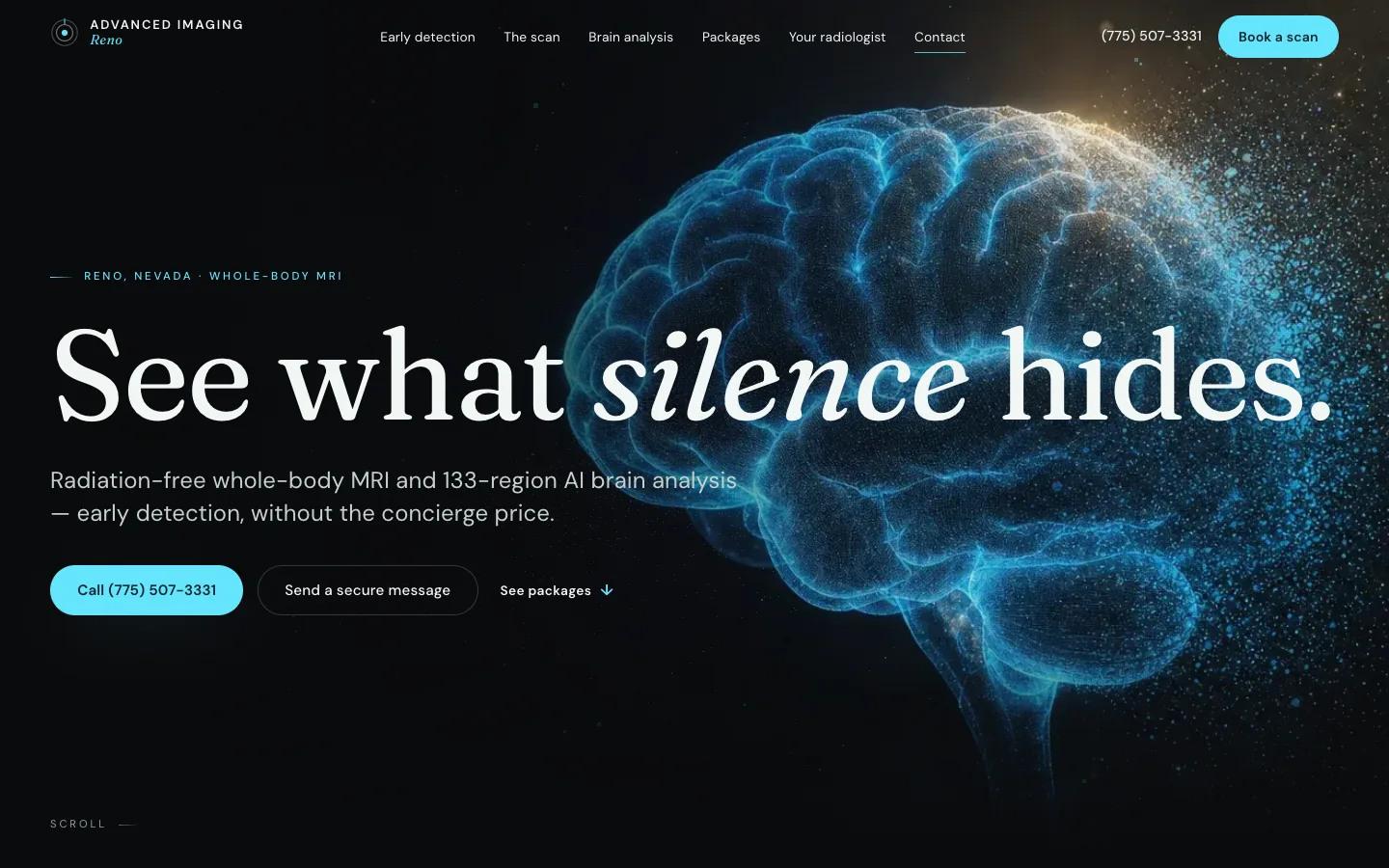 Advanced Imaging Reno website shown from its opening page through its services and contact details