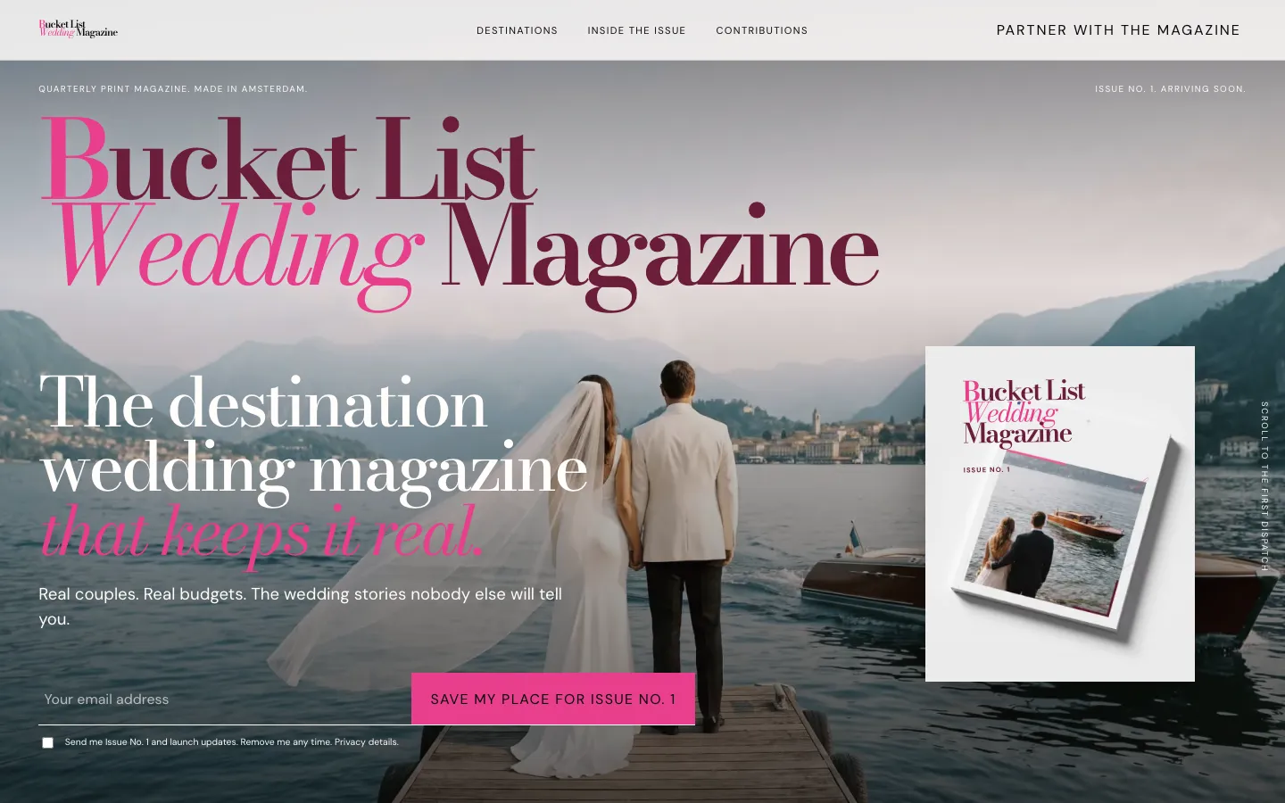 Bucket List Wedding Magazine website shown from its opening page through its issue preview, stories, and signup