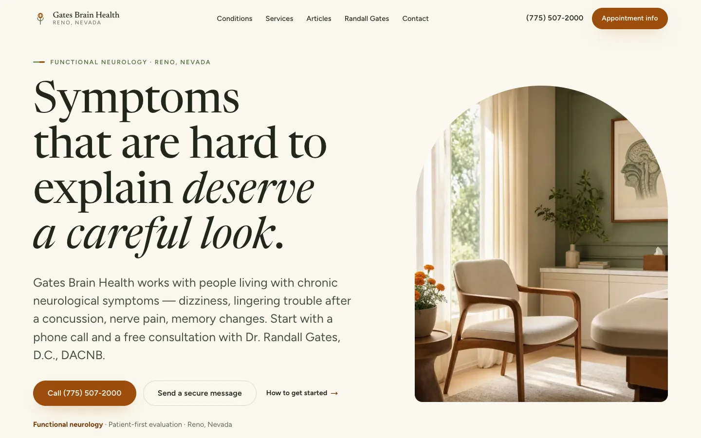 Gates Brain Health website shown from its opening page through its care and contact details
