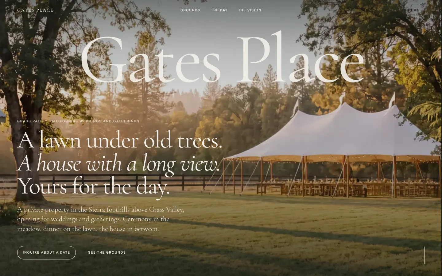 Gates Place website shown from its opening page through its grounds, its day on the lawn, and its inquiry details