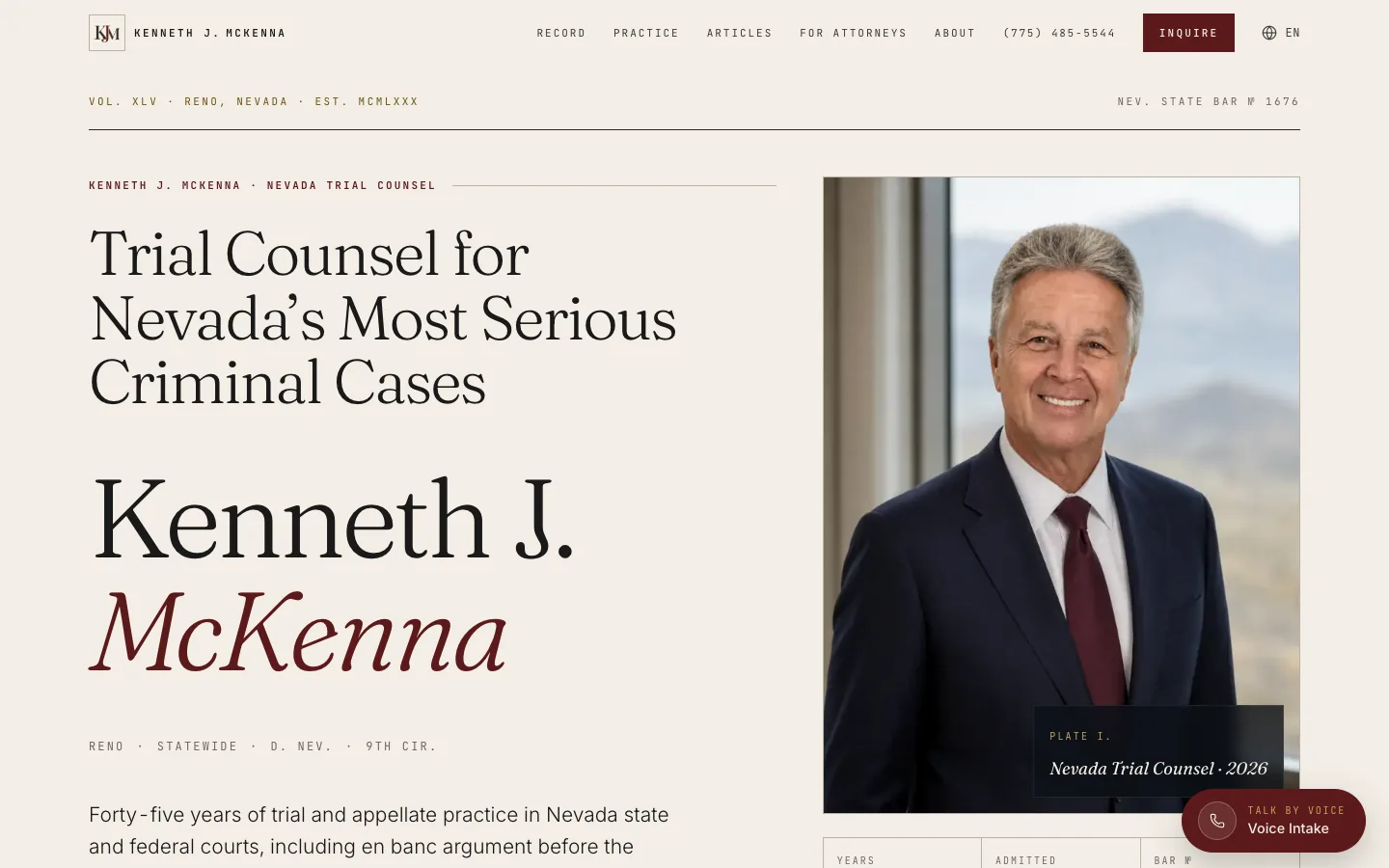 Kenneth J. McKenna website shown from its opening page through its case record and contact details
